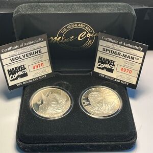 Wolverine and Spider-Man Highland Mint 1996 One Troy OZ .999 Fine Silver Coins